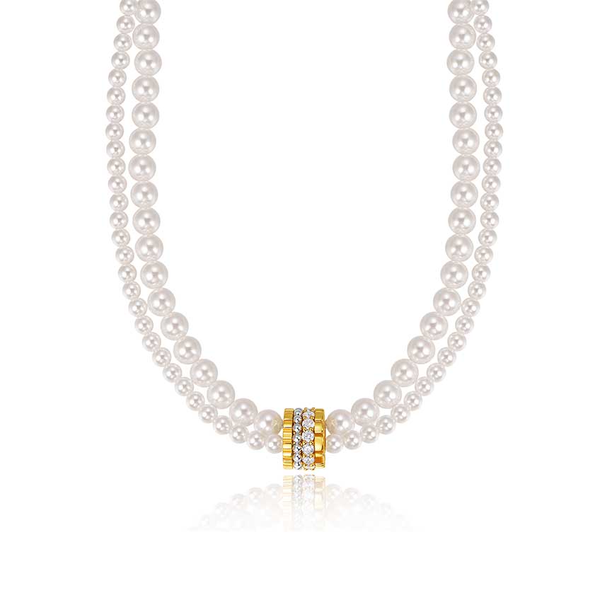 曜系列双排珍珠18k金色项链