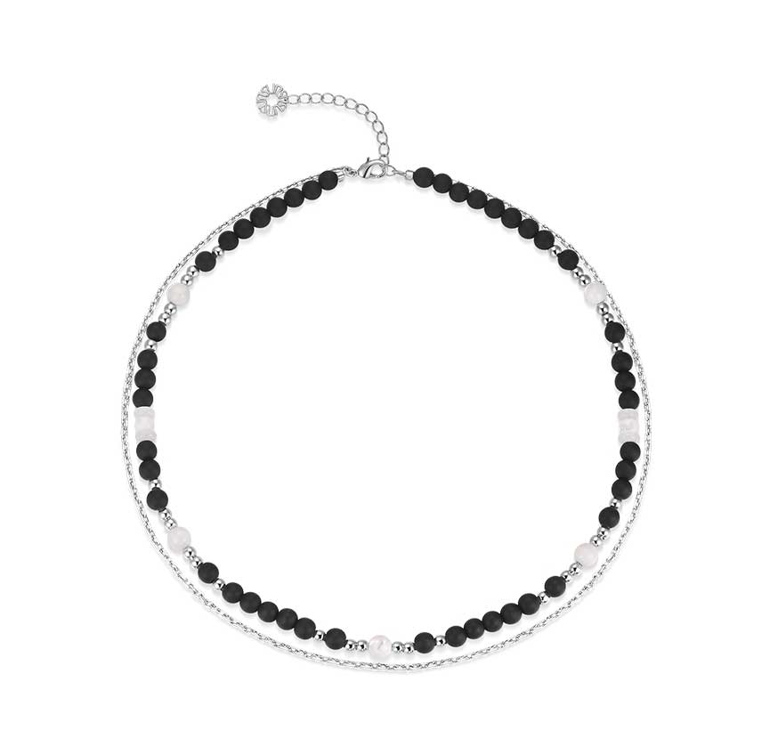 【澄澈云月】贝珠白玉黑白镀18k白金叠戴串珠项链