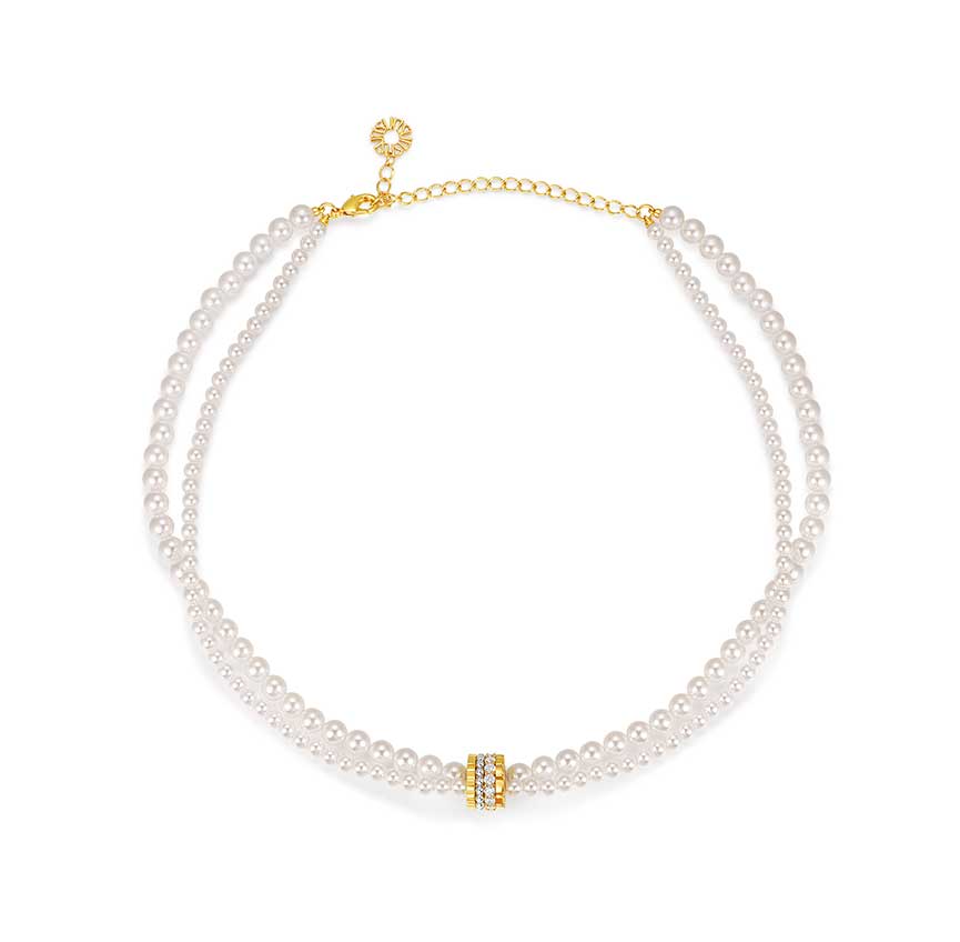 曜系列双排珍珠18k金色项链